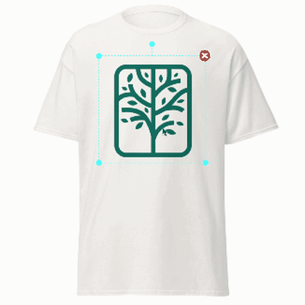 Generic print-on-demand design tool: artwork confined to a small fixed print area on a blank tee