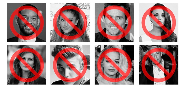 Examples of celebrity portraits that cannot be reproduced on printed products